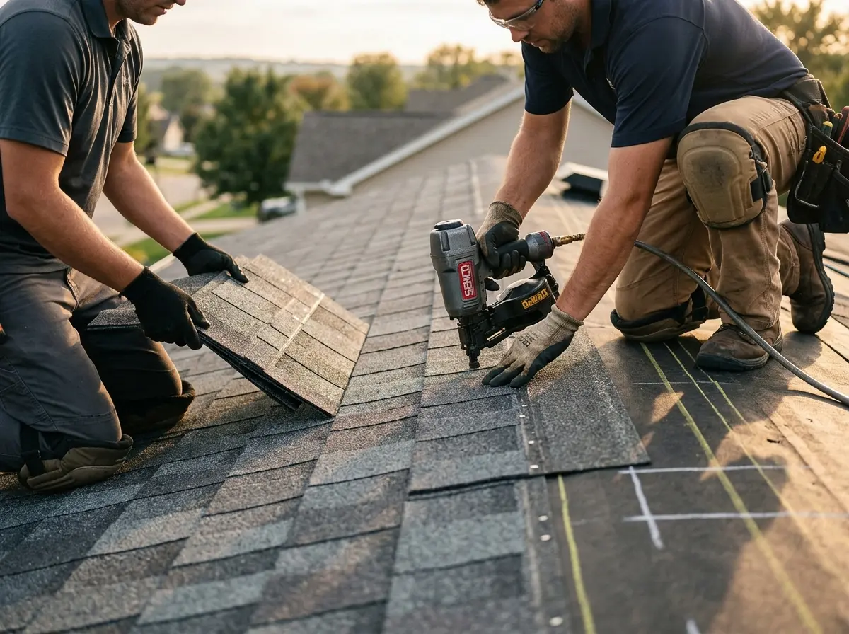 Professional roofer working on a residential roof in Lower Windsor